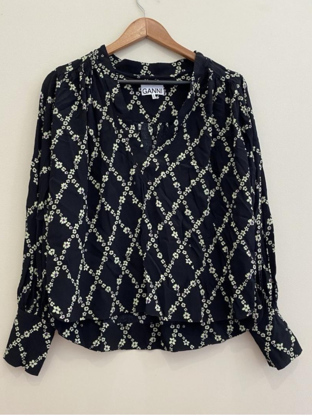 Ganni Black Floral Long-Sleeve Blouse